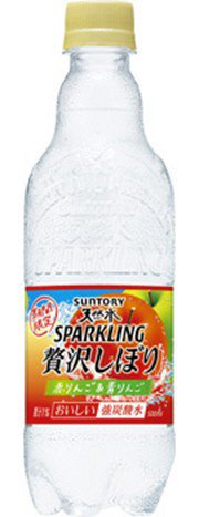 サントリー天然水スパークリング　贅沢しぼり　赤りんご＆青りんご５００ｍｌペット　デザインカートン